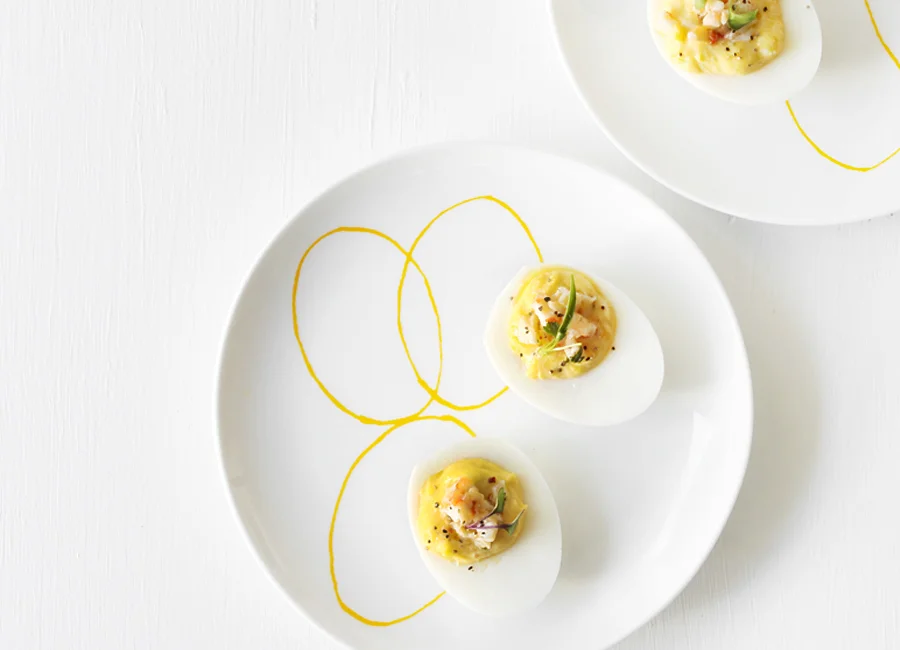creamy deviled eggs with pickled shrimp