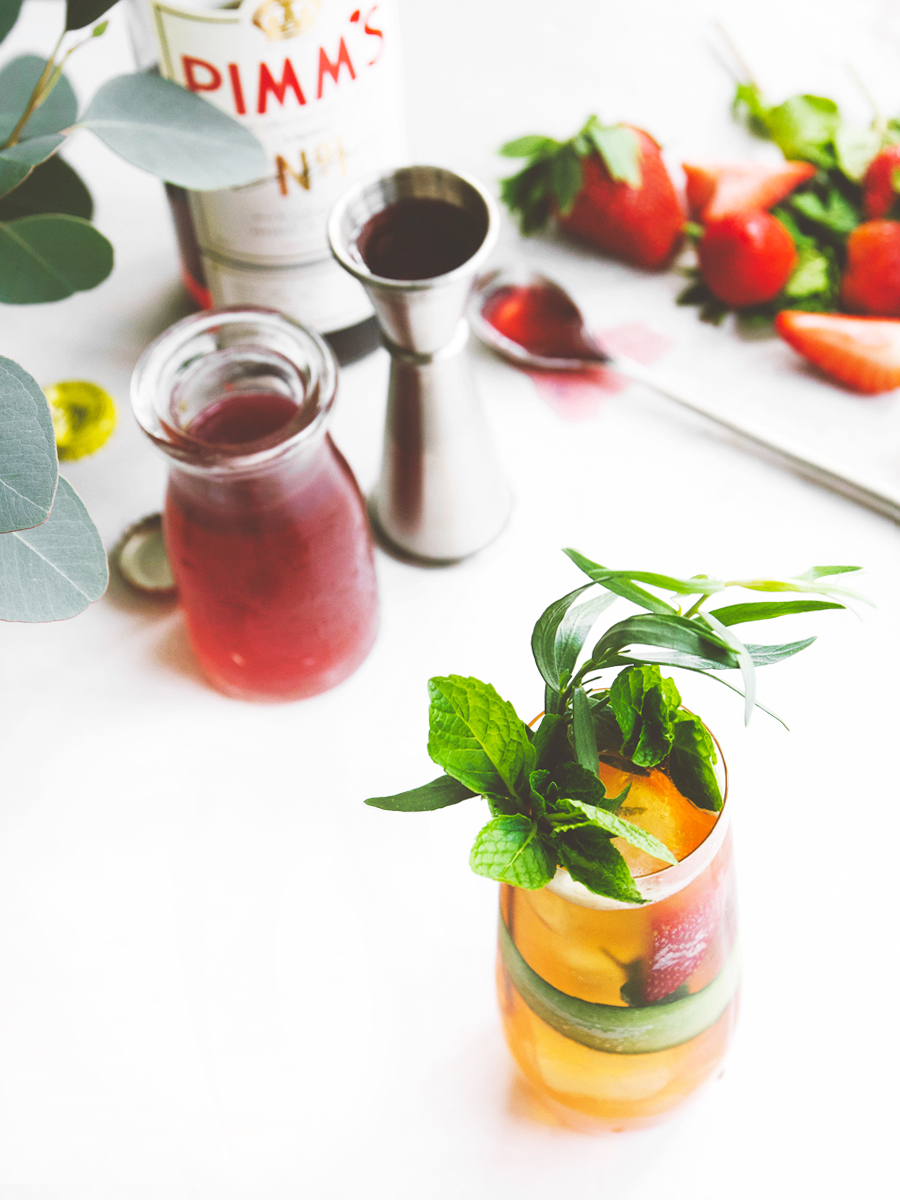 spring Pimm’s Cup with strawberry shrub