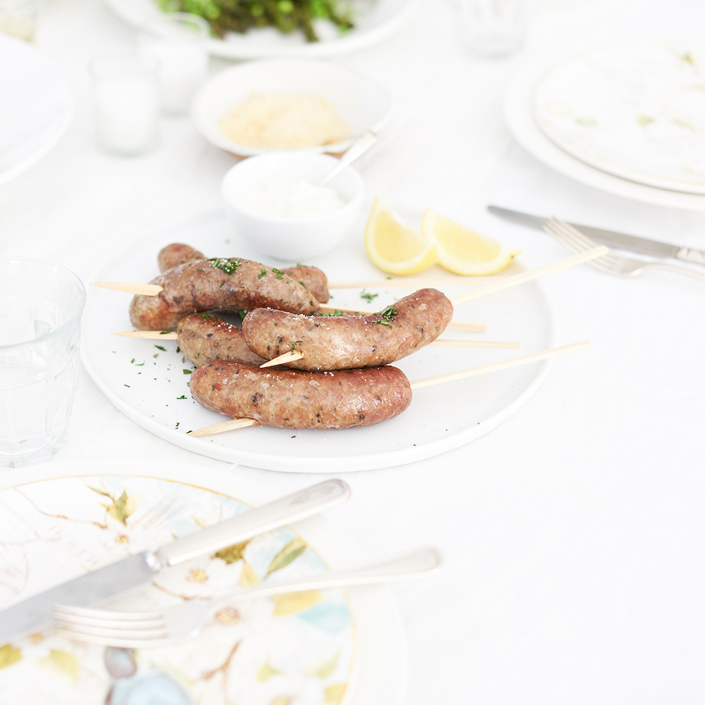 lamb sausages with lemon yogurt sauce