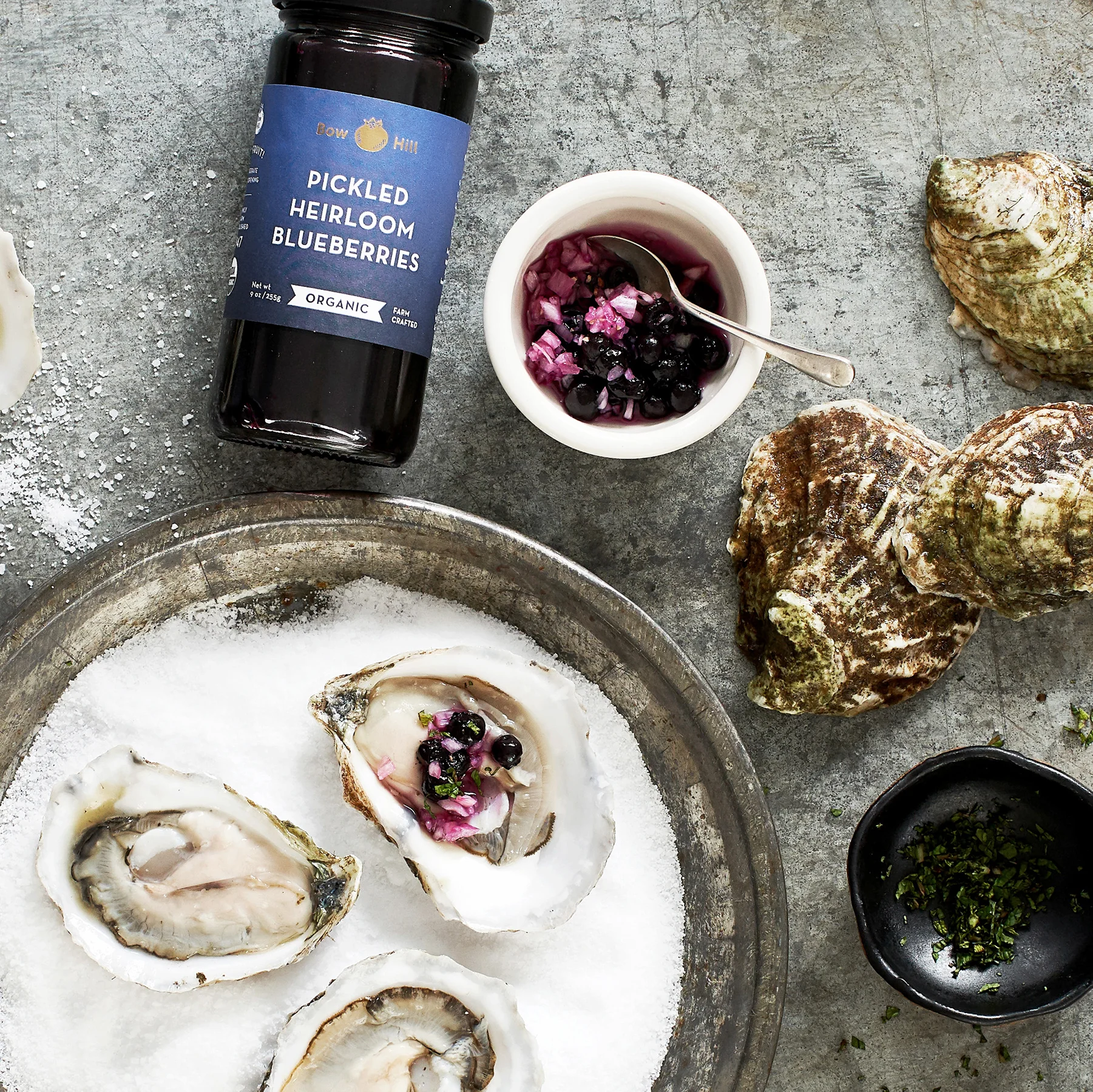 oysters with pickled blueberry mignonette + mint