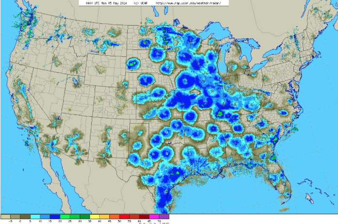 All the blue circles are millions of birds migrating--so many birds they are picked up on radar. Image courtesy of BirdCast . 