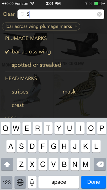 Another way to narrow the list of possible birds is by entering in field marks. 