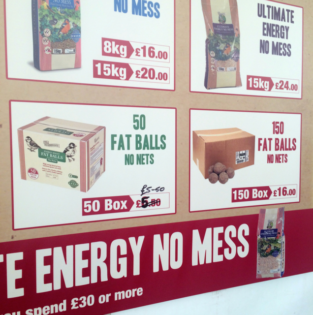 To bird food...and since I have the sense of humor of a 13 year old, I giggled mercilessly at the idea of purchasing 50 fat balls...that are "no mess." Though on Facebook someone informed me that these are called Meisenknödel" in German which is supposed to mean "tit dumpling." What a delightful phrase!