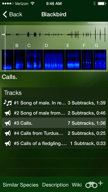 Some of the detailed bird song info that comes with the app. 