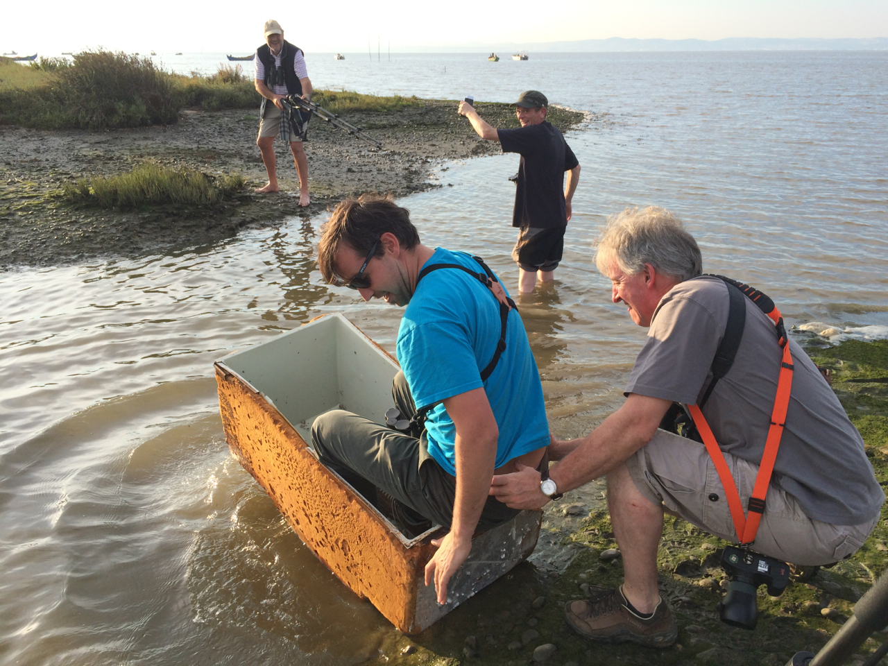 Some of the birders in my group trying to crossing a deep channel in an ancient cooler...that also had a GIGANTIC hairy spider lurking the debris in the bottom. 