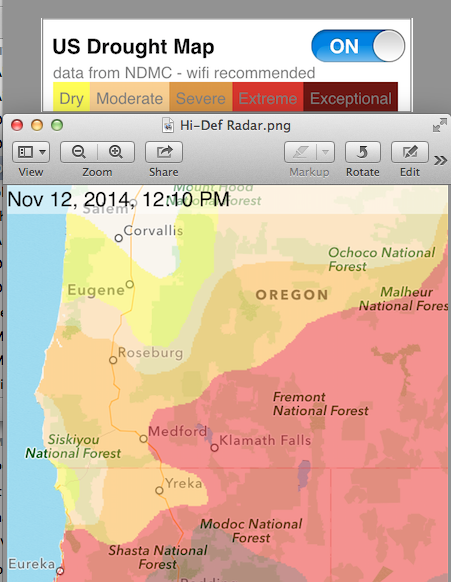 This shows the drought in the western US. You can see how Extreme Drought covers the Klamath Falls area from the Hi-Def Radar App.