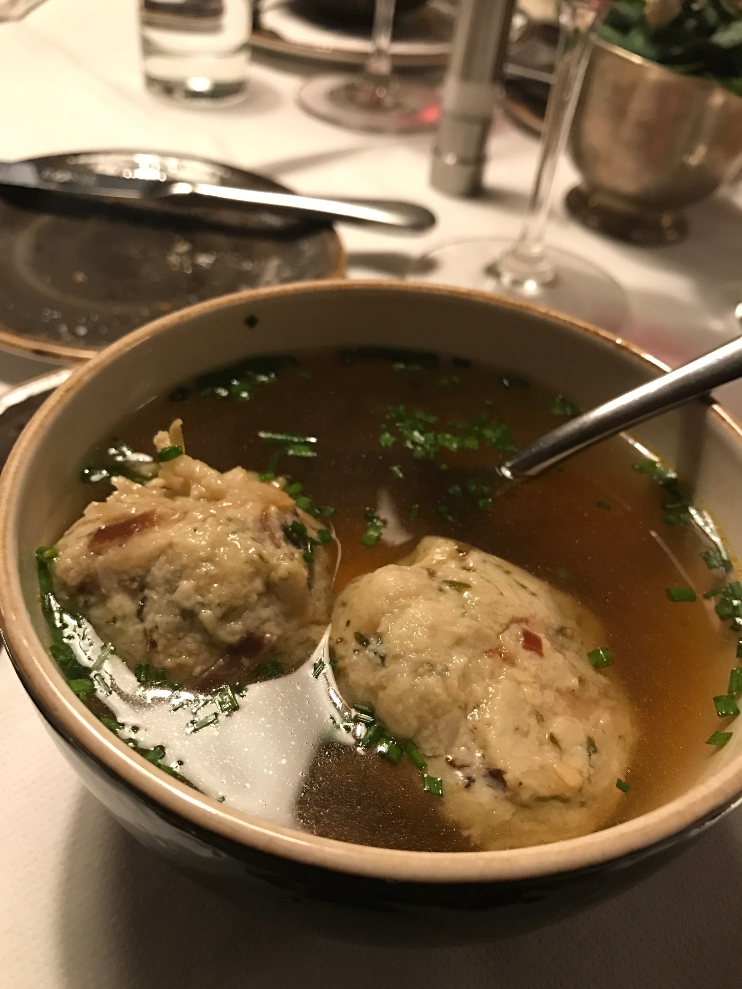 One of my favorite reasons to visit Austria: Speckknödelsuppe (bacon dumpling soup). Amazing plans were hatched over this soup and some stone pine schnapps. 