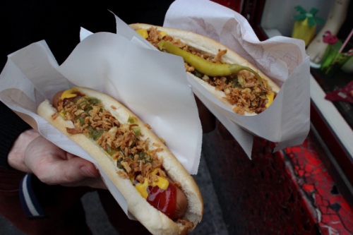 La Mosaique hot dogs with all the condiments!