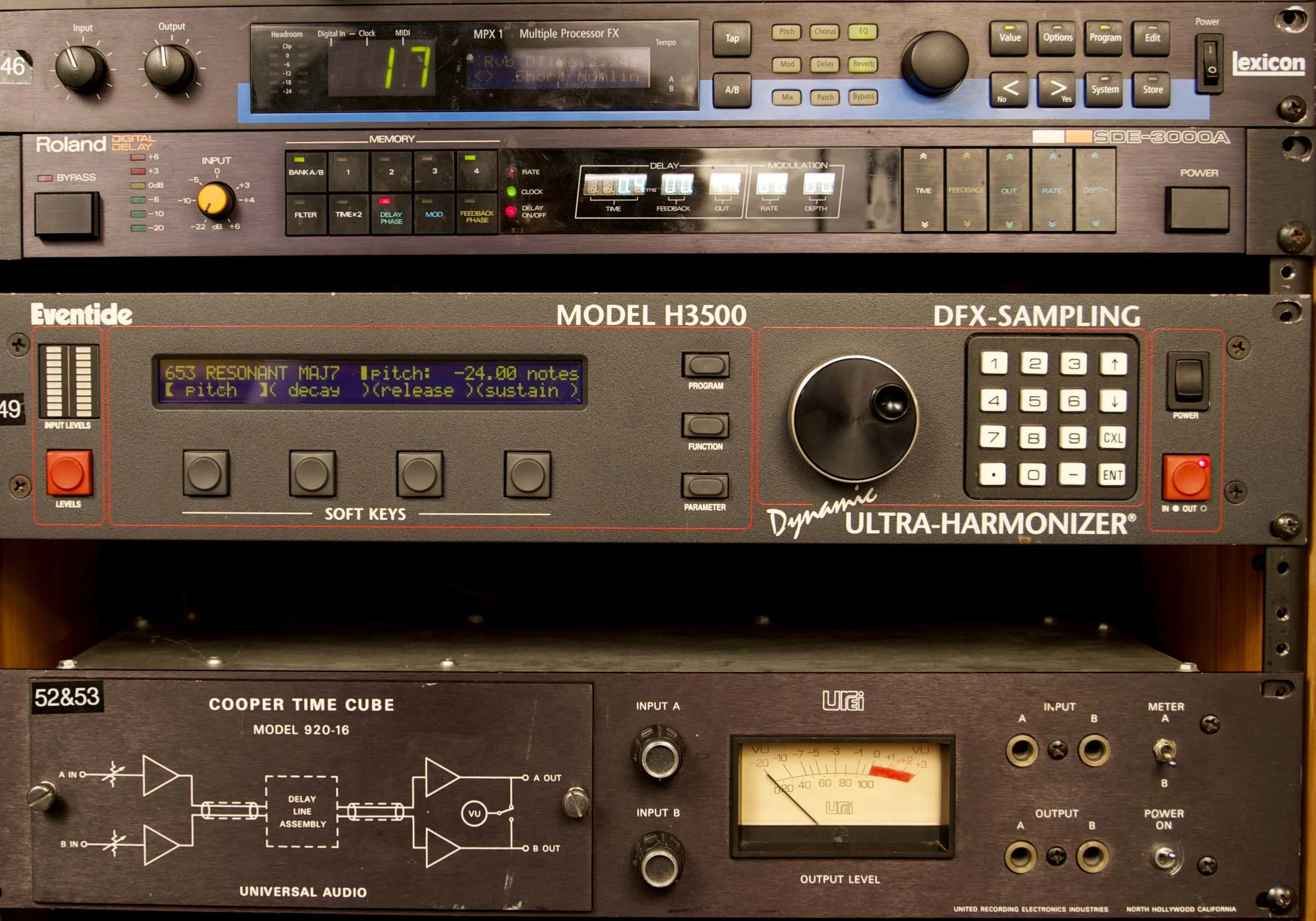 Lexicon MPX-1, Roland SDE-3000A Digital Delay, Eventide Model H3500 Ultra-Harmonizer & Cooper Time Cube Model 920-16