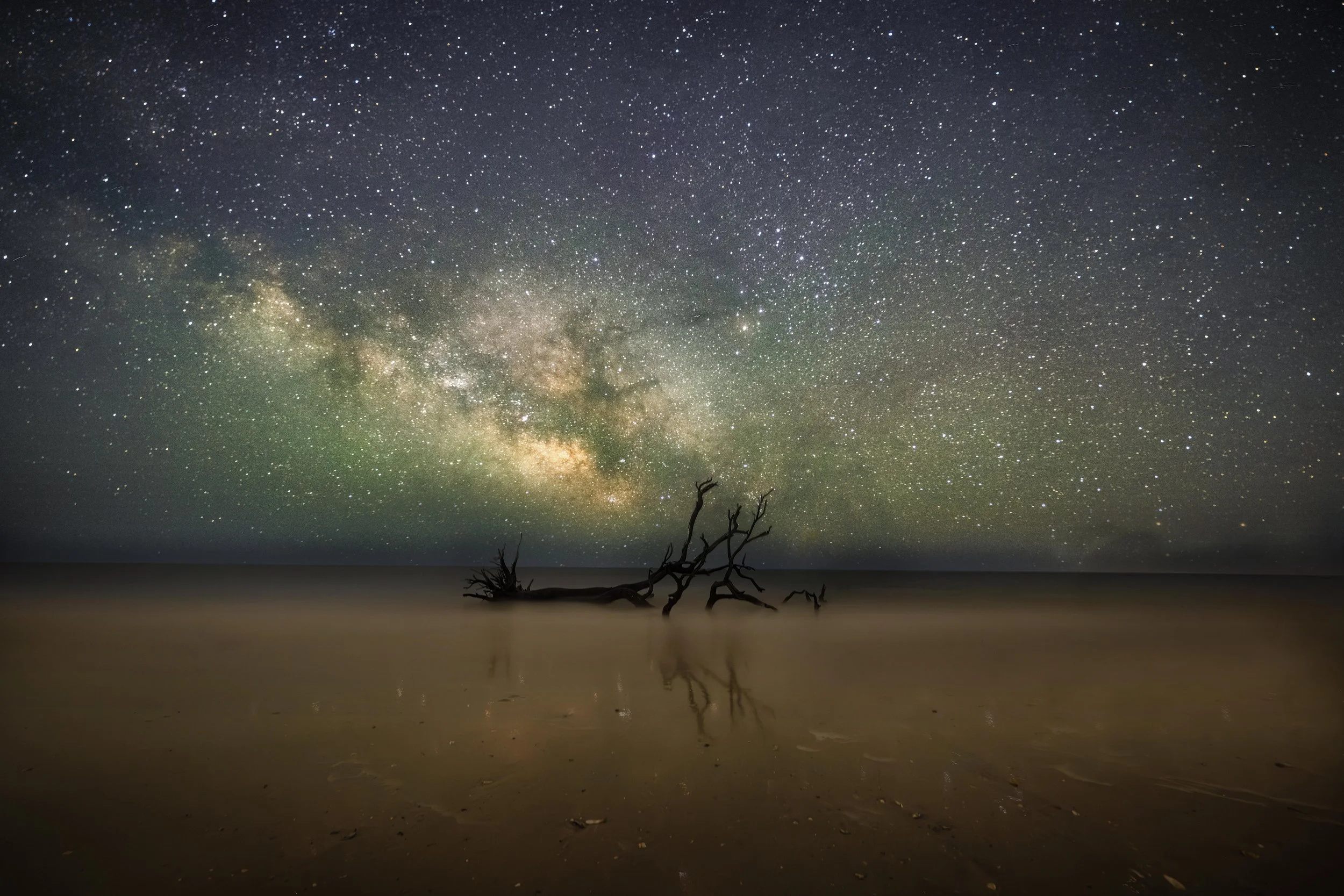 Content to be Consumed:
A fallen tree stretches into shadow, already surrendering to time. The form is neither tragic nor triumphant, but given over, folded into the earth that once held it. Overhead, the stars trace their own cycles of decay and