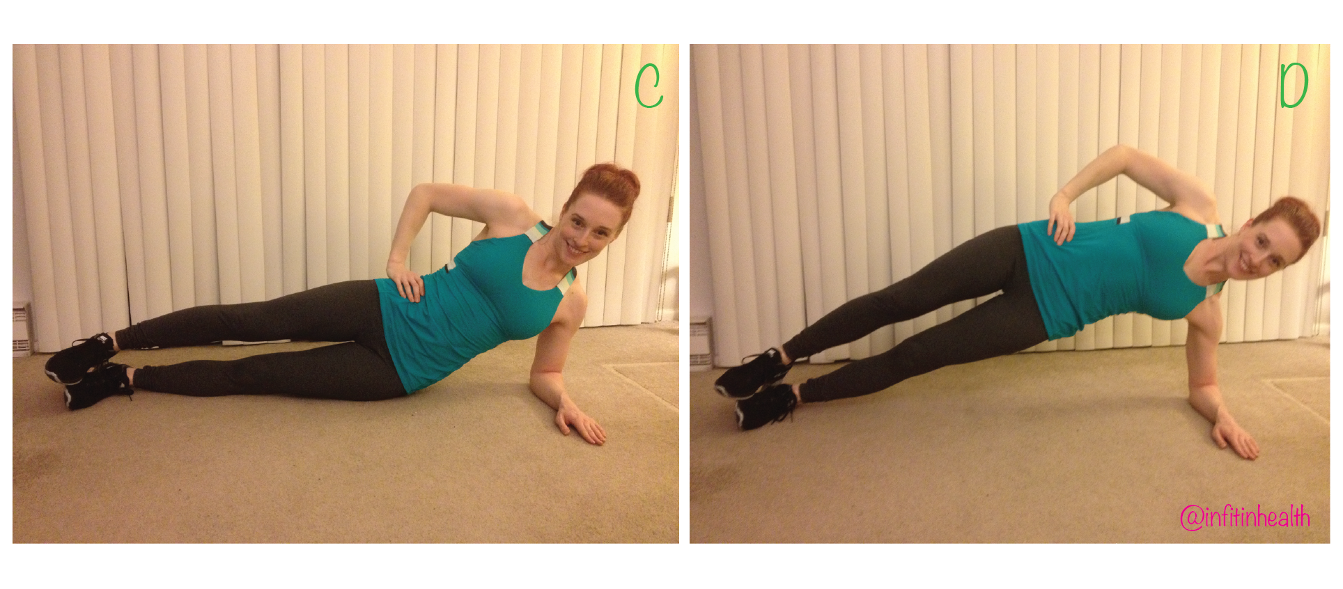 More challenging option: keep both legs out straight, feet stacked. 
