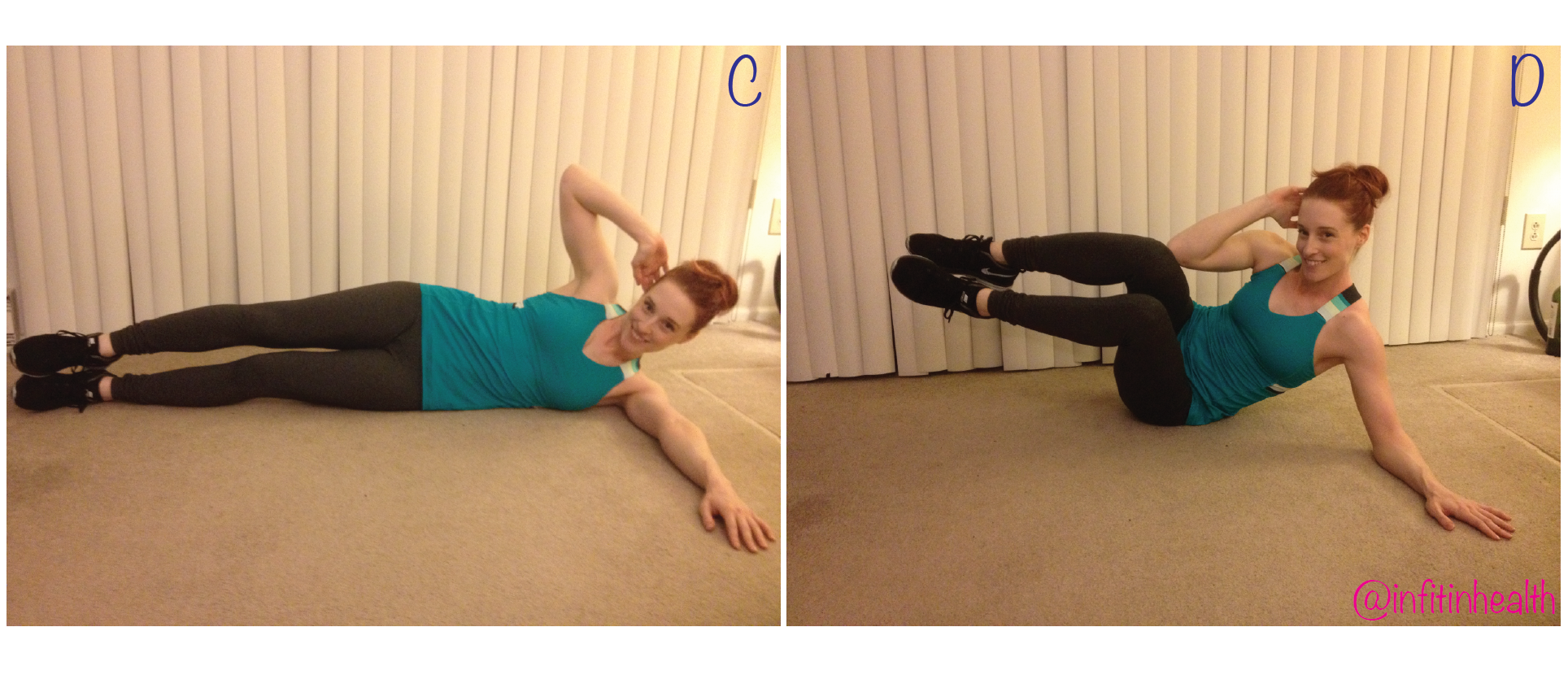Option 2: medium intensity - bring both legs off the floor bending the knees, bringing your top elbow to top knee.