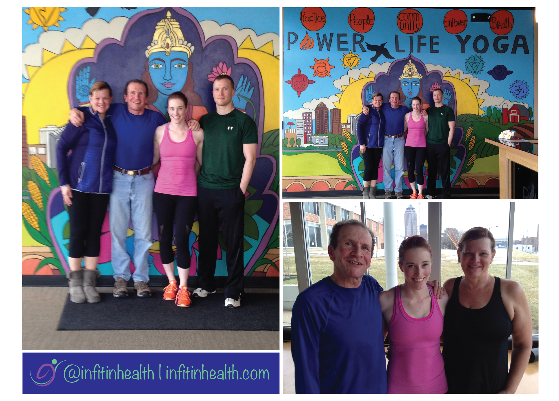 Left : close up of all of us; Top Right : Us in front of the studio mural; Bottom Right : close up of my dad, my aunt and me.