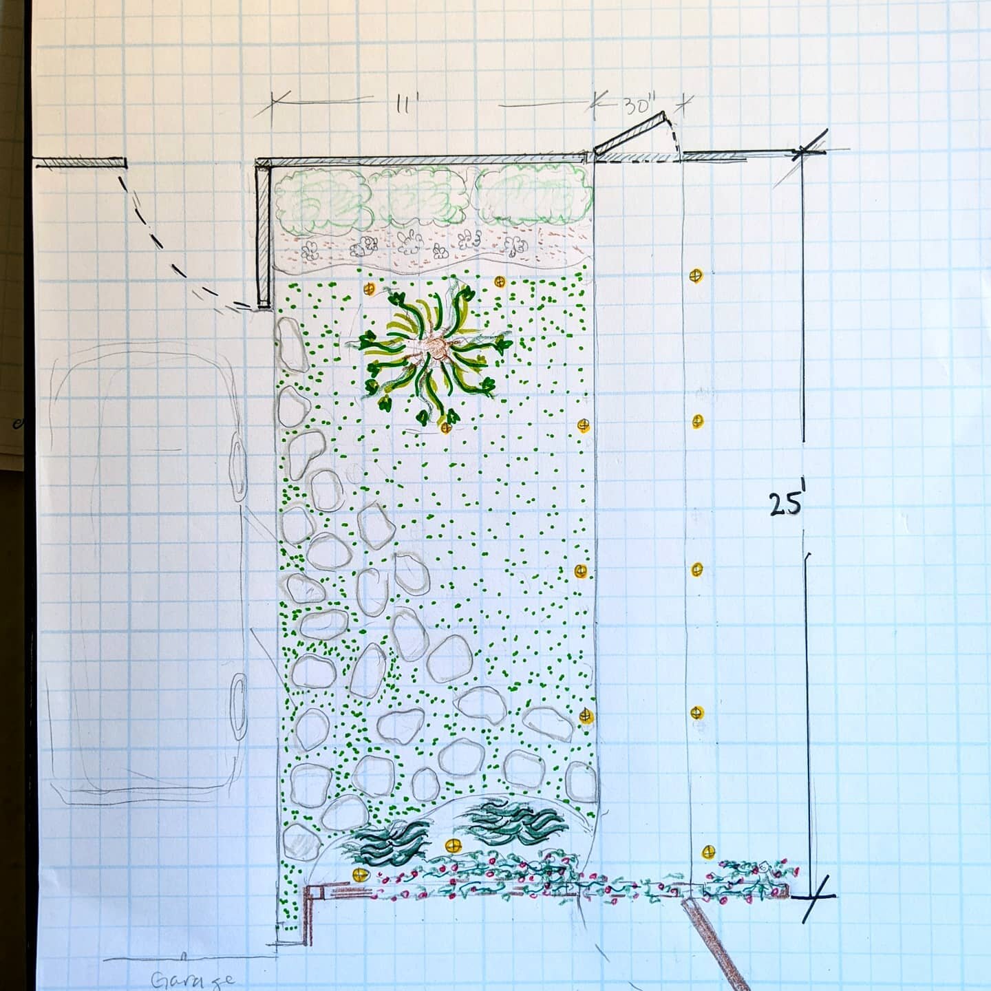 New garden/side yard design. 

When you remove old boundaries and divisions, so many possibilities open up. We don't have to keep that pathway. We can change the brick we never loved. We can go minimal. We could even take out that tree in the front. 