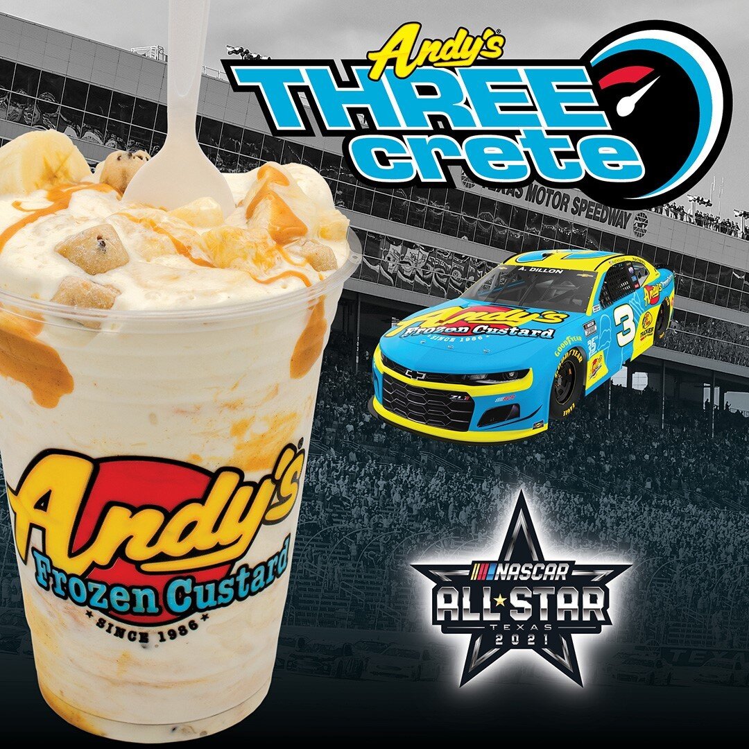 It's race day! Crafted by Austin Dillon, try his 'Three-Crete' - vanilla frozen custard blended with peanut butter, fresh bananas and chocolate chip cookie dough! Wowza!