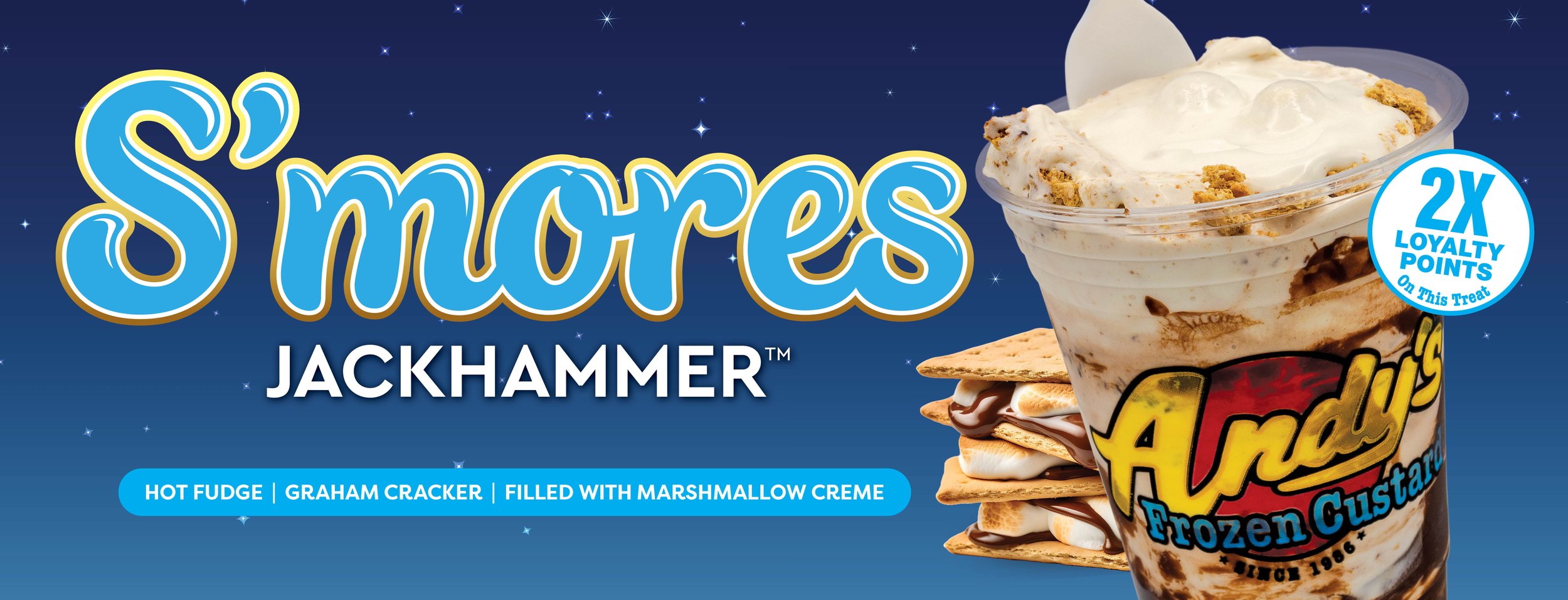 s'mores jackhammer hot fudge graham cracker filled with marshamllow creme