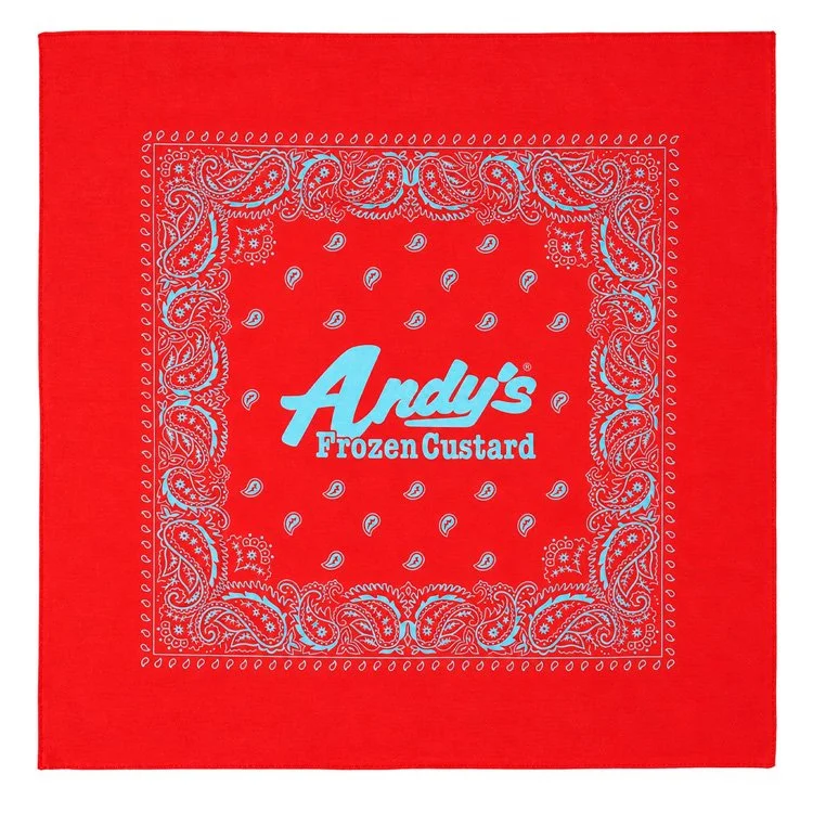 red bandana with bright blue Andy's Frozen Custard and paisley pattern on front