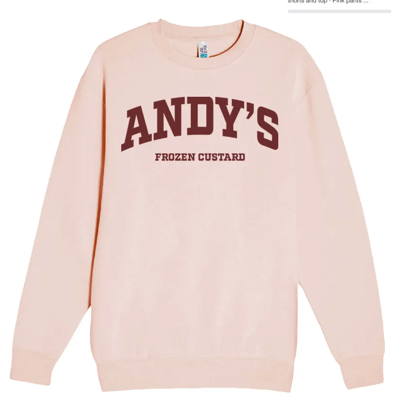 andys frozen custard block letters pink crew sweatshirt