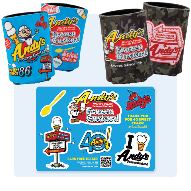 Andy's stickers and koozies