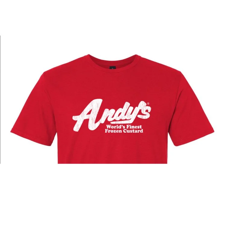 Andys Frozen Custard Distressed Script Red T-Shirt Upclose