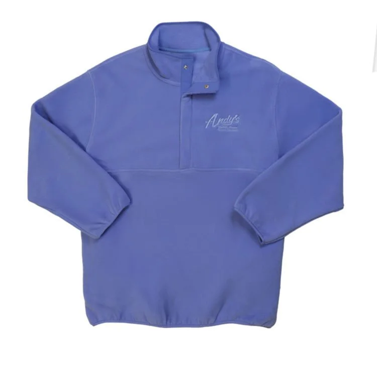 andys frozen custard script logo fleece pullover blue