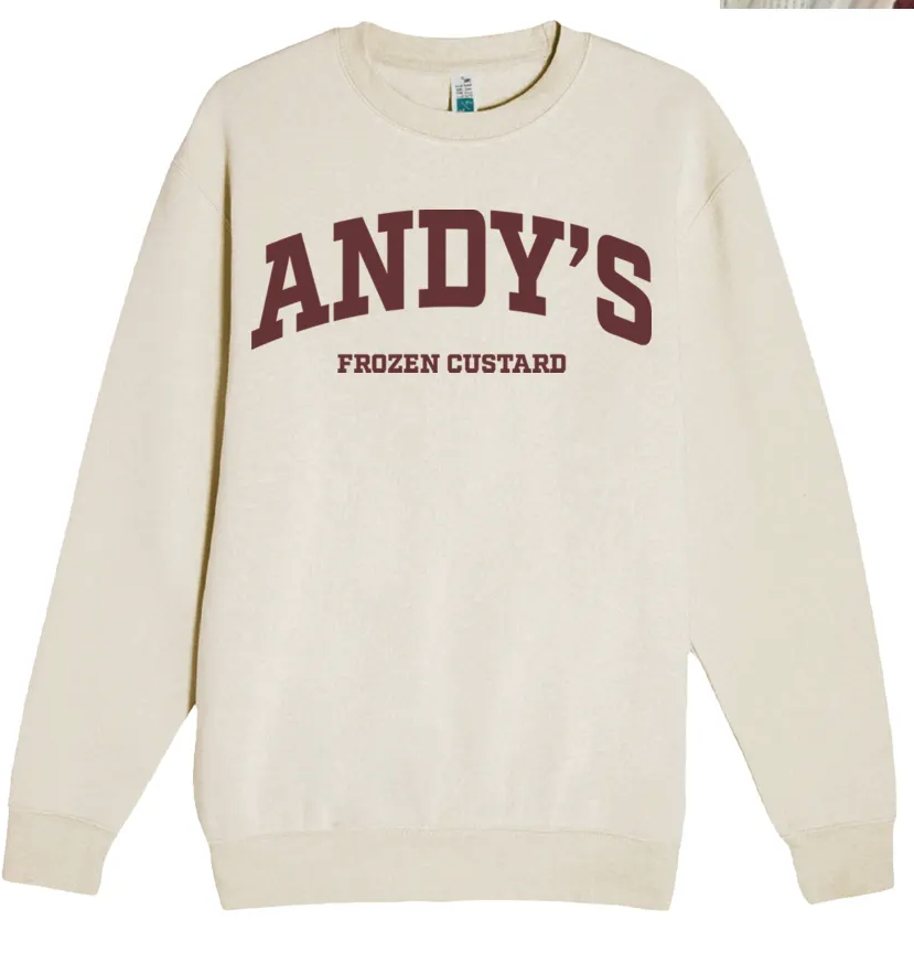 andys frozen custard block letters cream crew sweatshirt