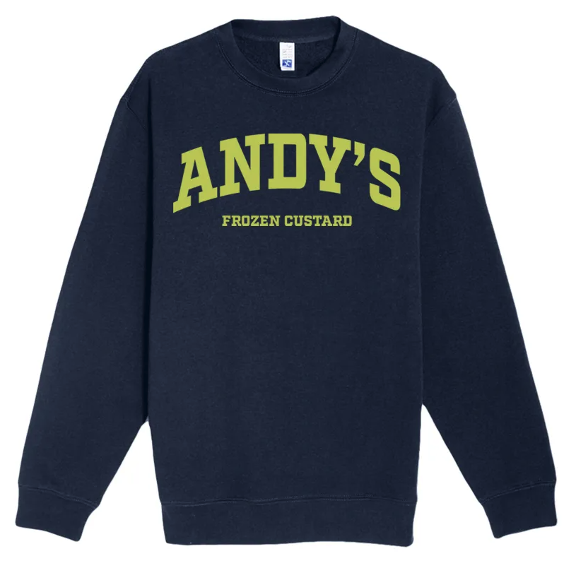andys frozen custard block letters navy crew sweatshirt
