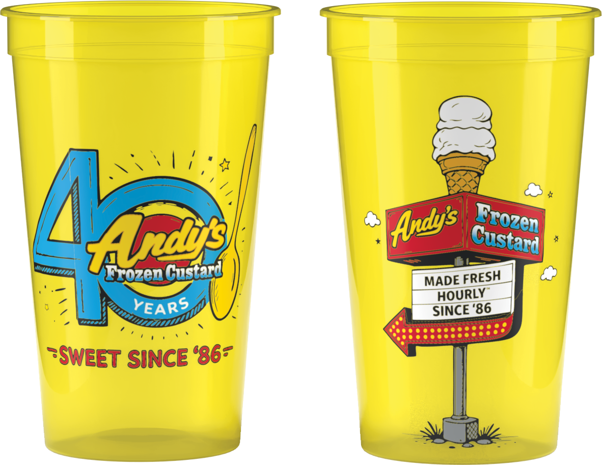 yellow cup with 40 years and retro cone sign