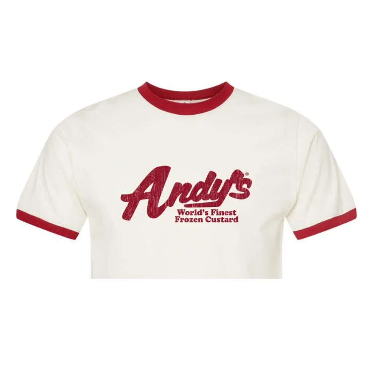 Andys Frozen Custard Script Logo Ringer T-Shirt Up Close