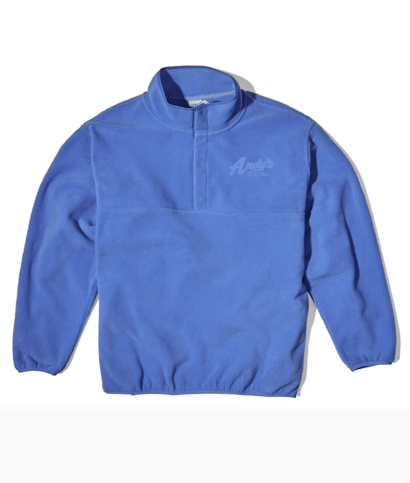 andys frozen custard script logo fleece pullover blue