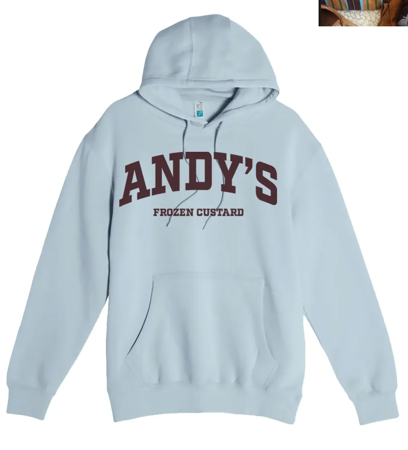 andys frozen custard light blue block letters hoodie
