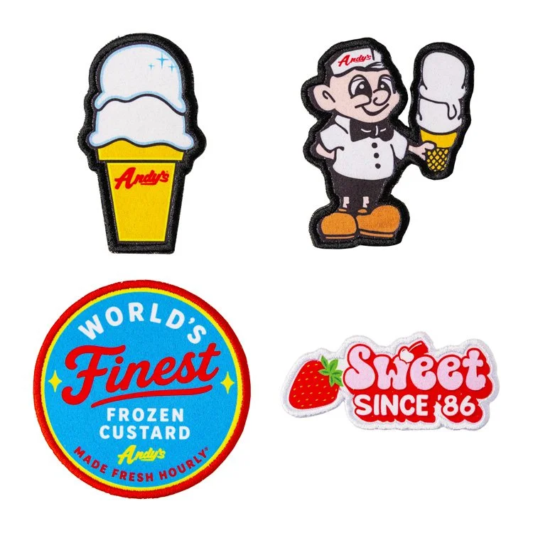set of four peel and stick patches with cone, Andy's mascot, circle, and Sweet Since '86 patch