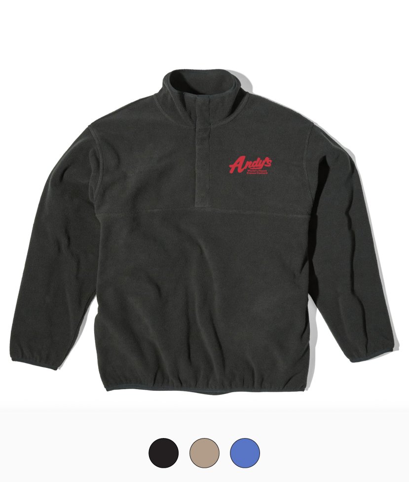 andys frozen custard script logo fleece pullover black