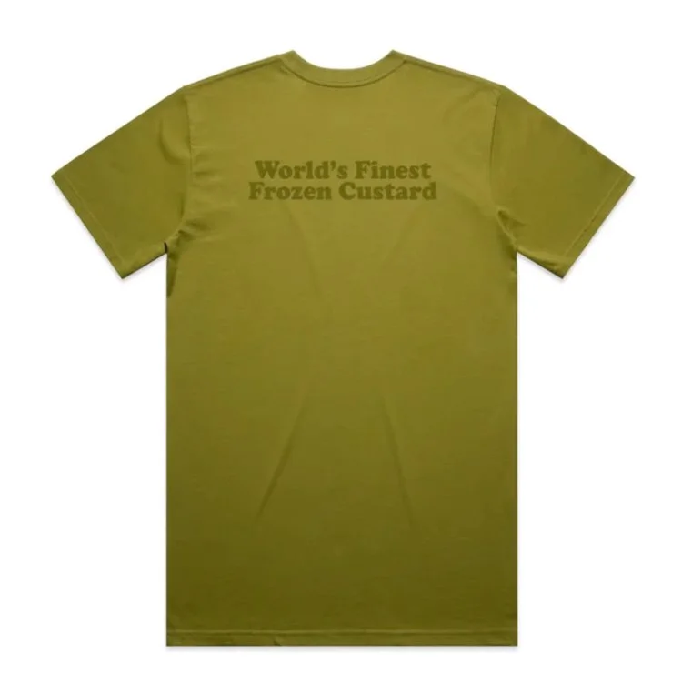andys frozen custard script logo moss tshirt back