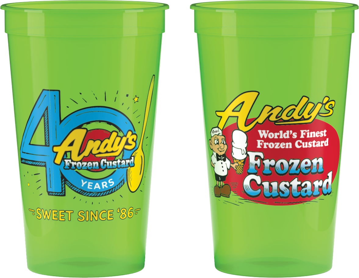 40 years Andy's Frozen Custard Retro Hugh logo green cup