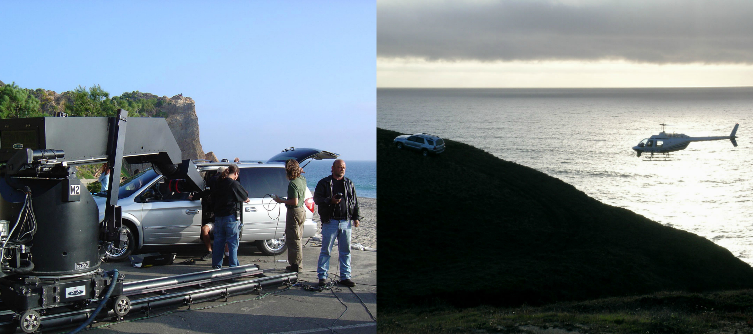 A Milo Moco system (Chrysler shoot) in Malibu California, and a Jet Ranger Helicopter (Toyota 4Runner shoot).