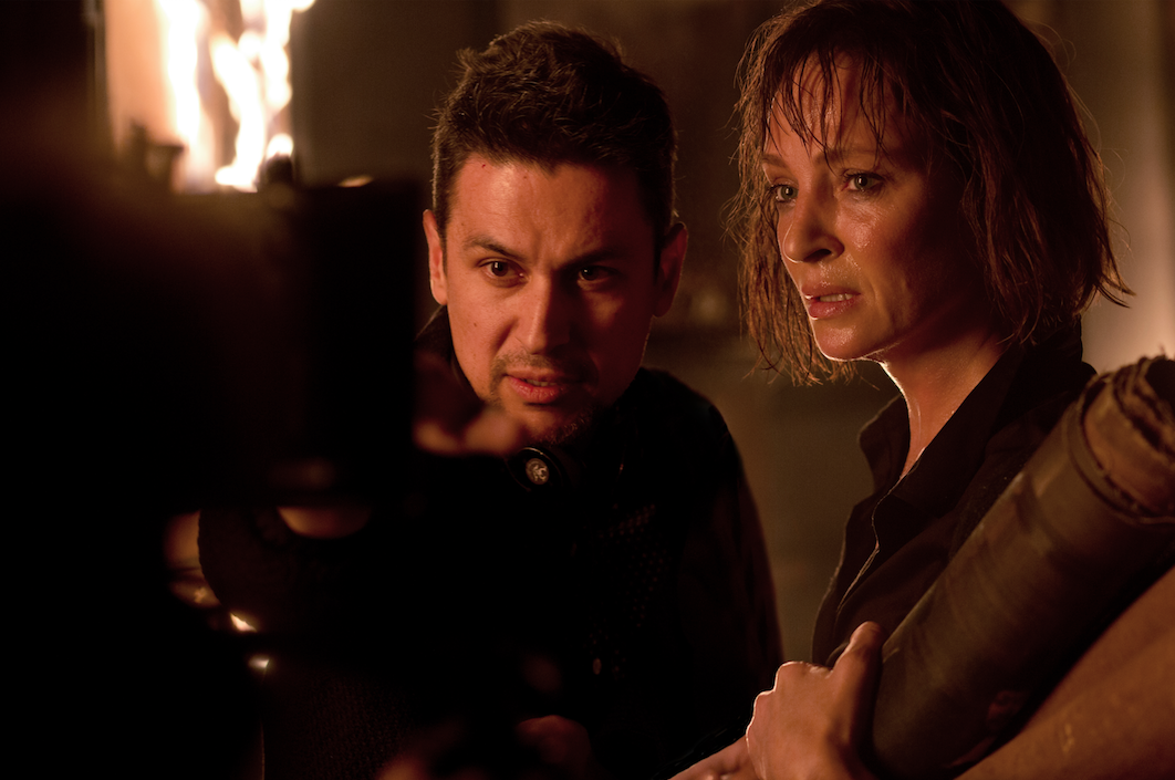 Director Rodrigo Cortés with actress Uma Thurman, on the set of his upcoming feature film "Down A Dark Hall" currently in post-production.