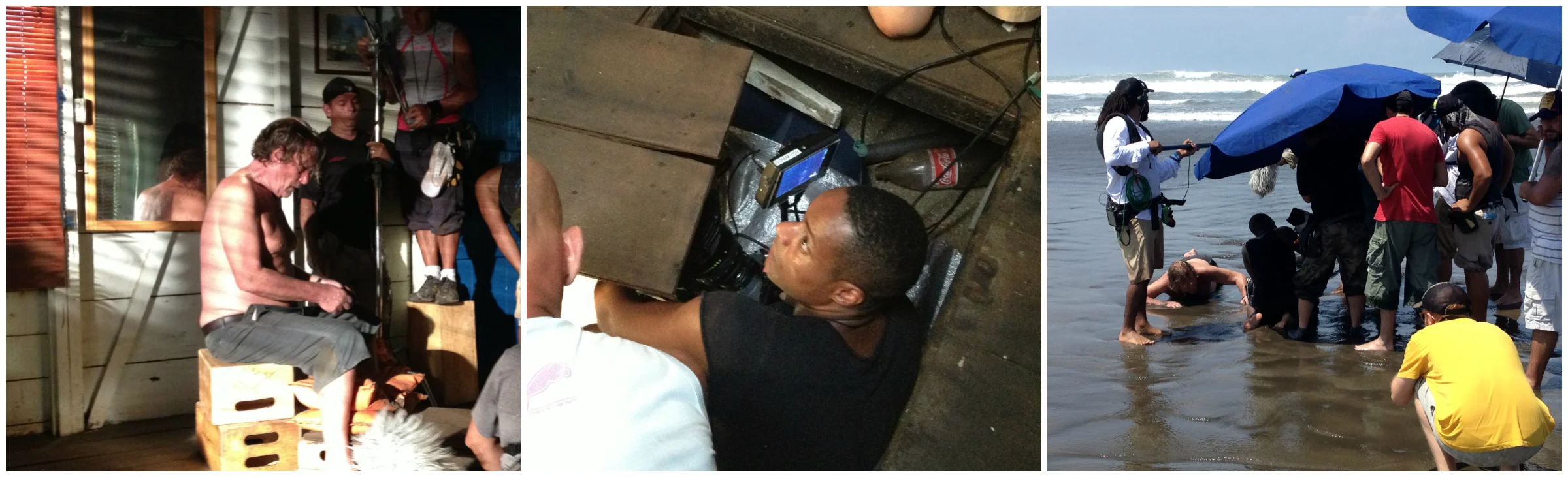 (Left) Actor Dag Malmberg in "Wendt House". (Middle) Cinematographer Benjam Orre gets ready to go under the house. (Right) Tide comes in, very appropriate for a series called "Springfloden" (Spring Tide).
