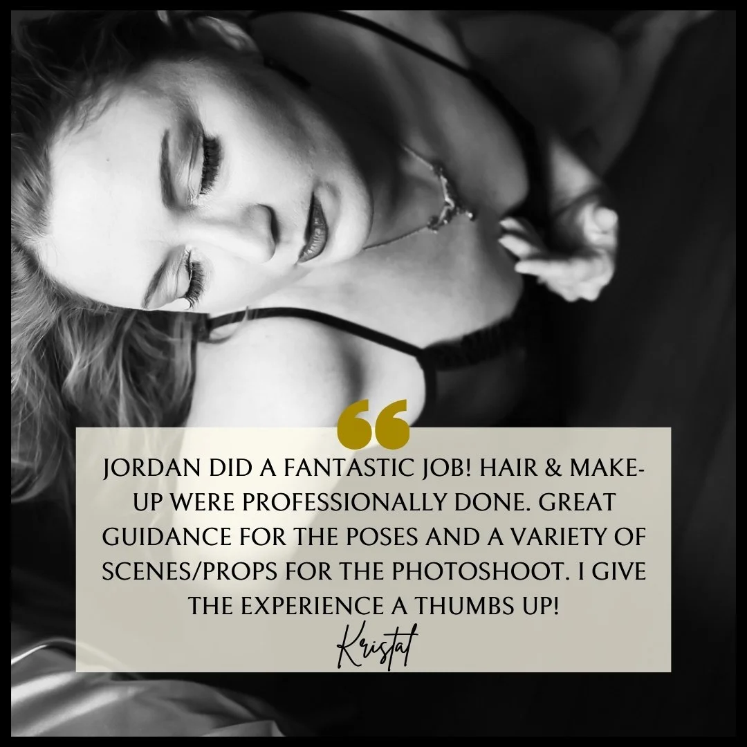 Hair and makeup are professionally done, guidance on poses and variety of scenes and props at LAMINA Boudoir Photography Studio.
