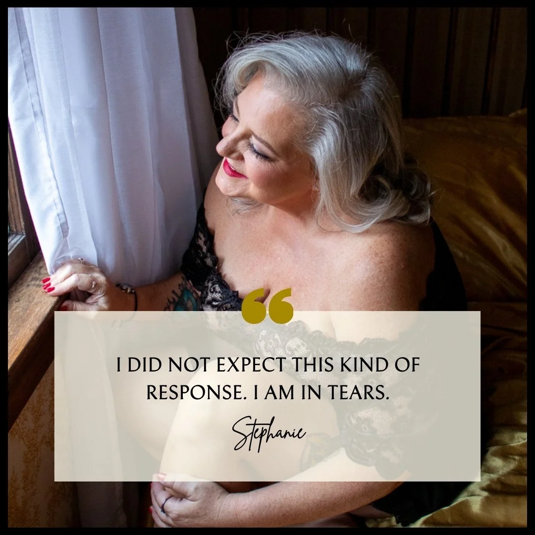 Joyful and tearful response to seeing my photos for the first time at LAMINA Boudoir Photography Studio. Animal In A Dress is the best creative studio to hire in Indianapolis.