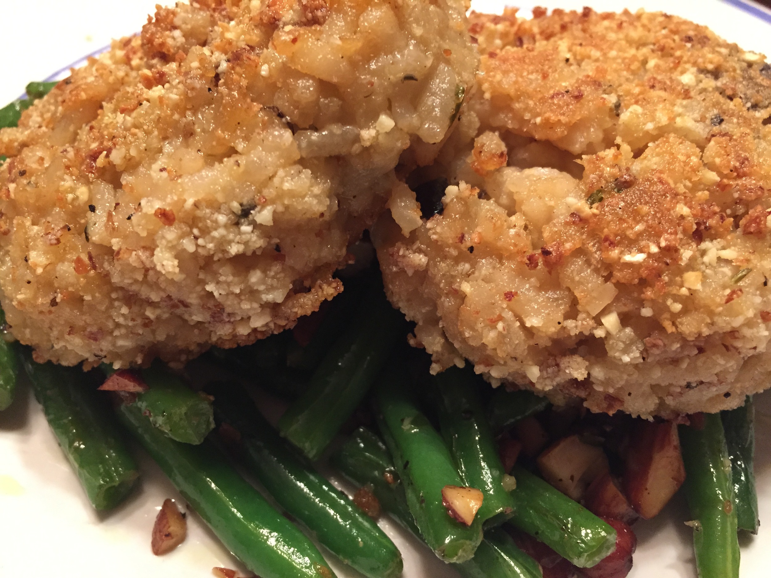 Risotto Cakes with Almond and Garlic Green Beans