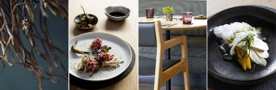 The Bridge Room in Sydney's CBD is a fine example of modern Australian cuisine. The sophisticated yet relaxed interior by Tobias Partners couples Japanese detail with Scandinavian style, housed in an historic 1930s Art Deco building. The tableware is a mix of Japanese ceramics and round felt placemats, coloured glass and simple cutlery, and acts as a neutral palette of textures and colours for which the food can be the hero. 