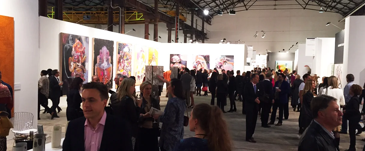  The halls of Carriageworks were abuzz with visitors enjoying the visual feast on display. Work in background by Ben Quilty represented by Jan Murphy Gallery, Brisbane.
