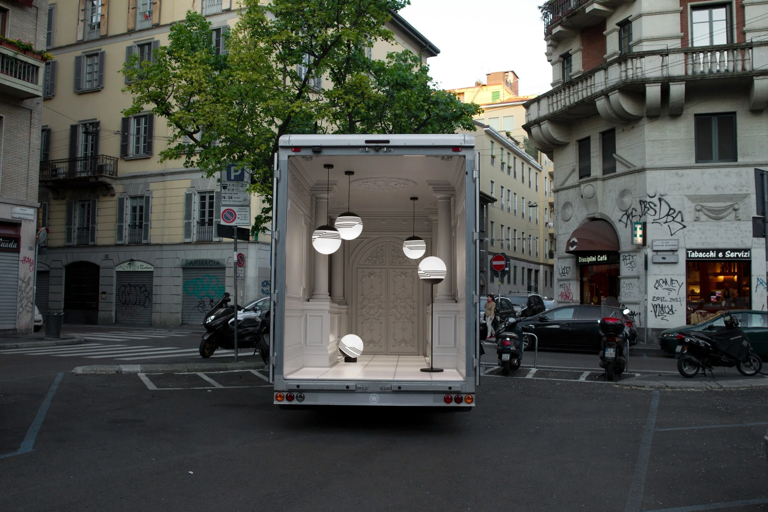 British designer Lee Broom took his new collection of lighting to the streets, creating an Italian palazzo (complete with Ionic columns and elaborate mouldings) in the back of a van you could spot zipping around the city for most of the week.
