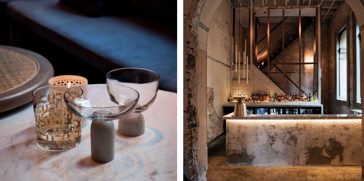 Glassware designed by London based designer Lee Broom is a contemporary take on a traditional champagne saucer. The texture of the bar is highlighted with glowing LED lighting.