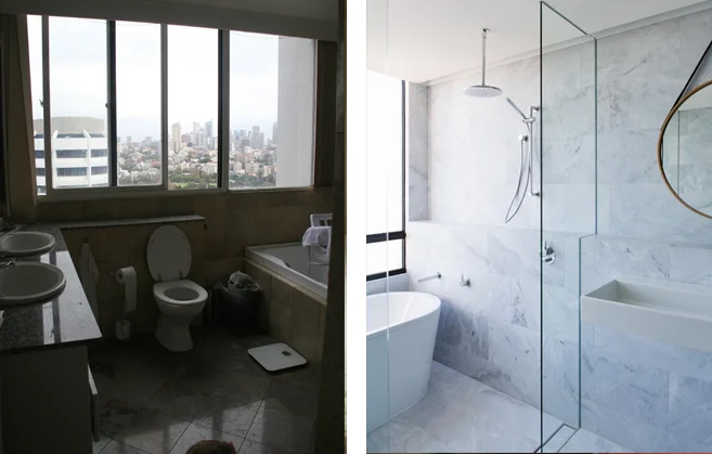 The bathroom at EASTBOURNE ROAD has been transformed into a space of absolute marble magic with a bath tub in which to relax and enjoy the panoramic views of the Sydney CBD. 