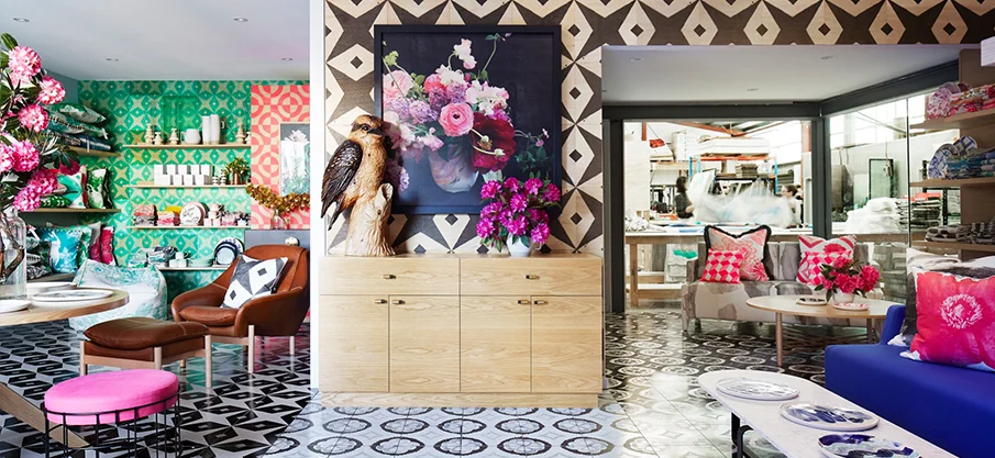 The name Bonnie and Neil has become synonymous with bold patterns on floors, walls, cushions and fabric, and their presence at DENFAIR didn't disappoint. Their collaboration with Byzantine Design revealed tiles and floor coverings in the wild patterns they have become renowned for. 
