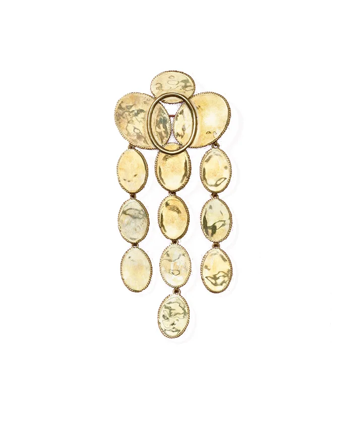 When your jewellery obsession reaches new heights, its time to start wearing brooches! Alex adores this Celine brooch with hand-hammered medallions, brass and gold. 