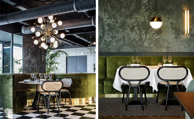La Foret Noire Restaurant in Chaponost, France by Claude Cartier . The soft botanical wallpaper adds a touch of whimsy to this sophisticated restaurant design. The polished brass kick to the curved banquette seating is a luxurious detail. 