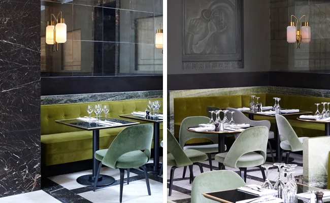 Monsieur Bleu at the Palais de Tokyo In Paris, France by French Architect Joseph Dirand . Plush velvet upholstery adorns the space in shades of chartreuse and sage whilst the green marble used to frame the banquette seats fabulously echo these tones.